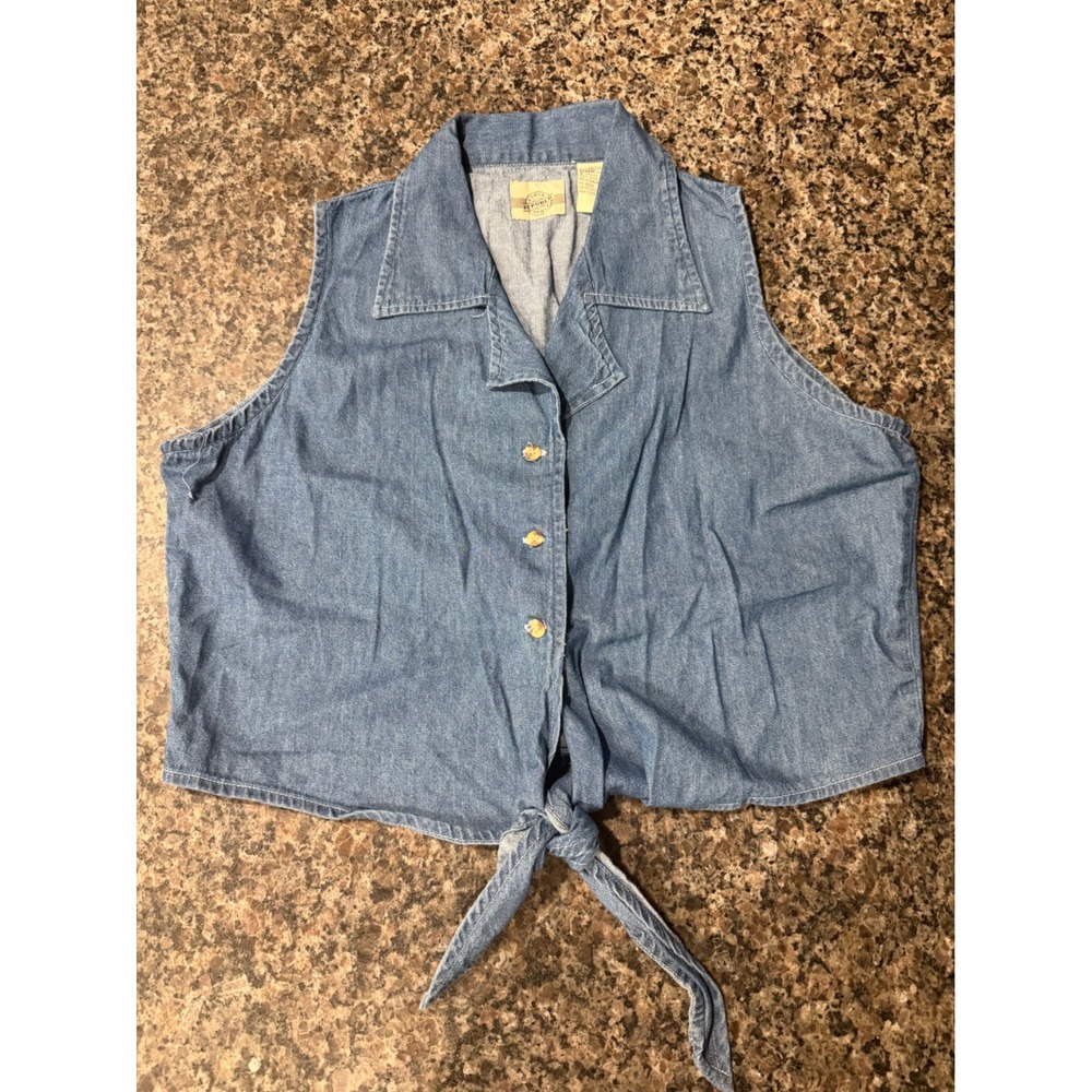 Denim Republic Womens Blue Cotton Tie Front Sleeveless Crop Denim Shirt Large